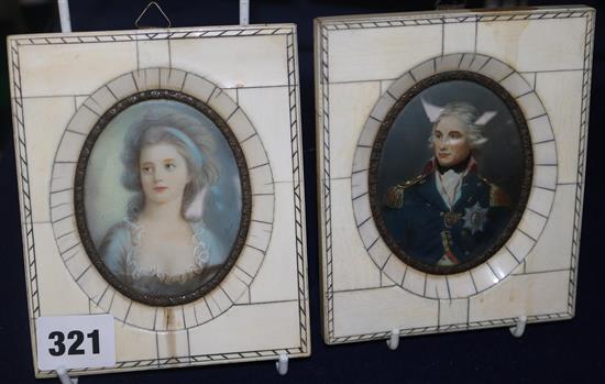 Early 20th century, pair of miniatures of Nelson and Lady Hamilton, 8 x 6.5cm